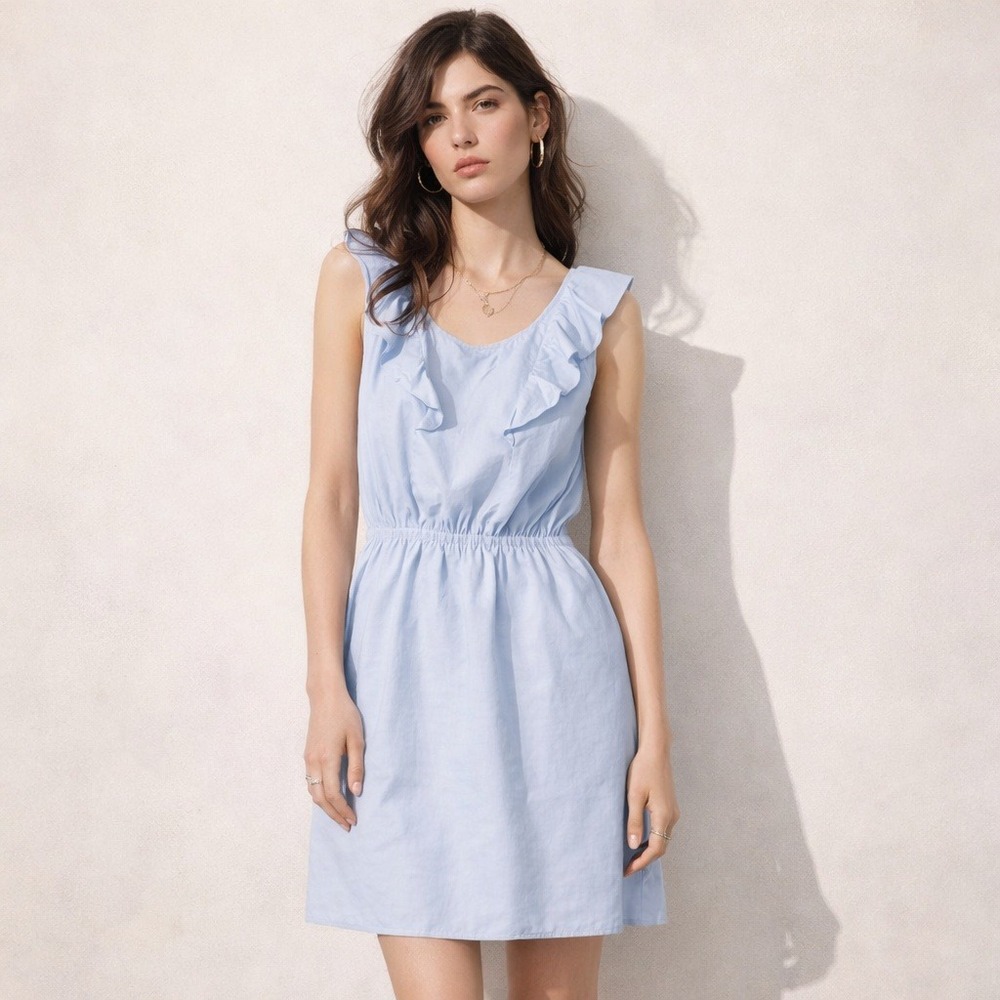 J.Crew Factory Chambray Ruffle Dress Blue Sz 2